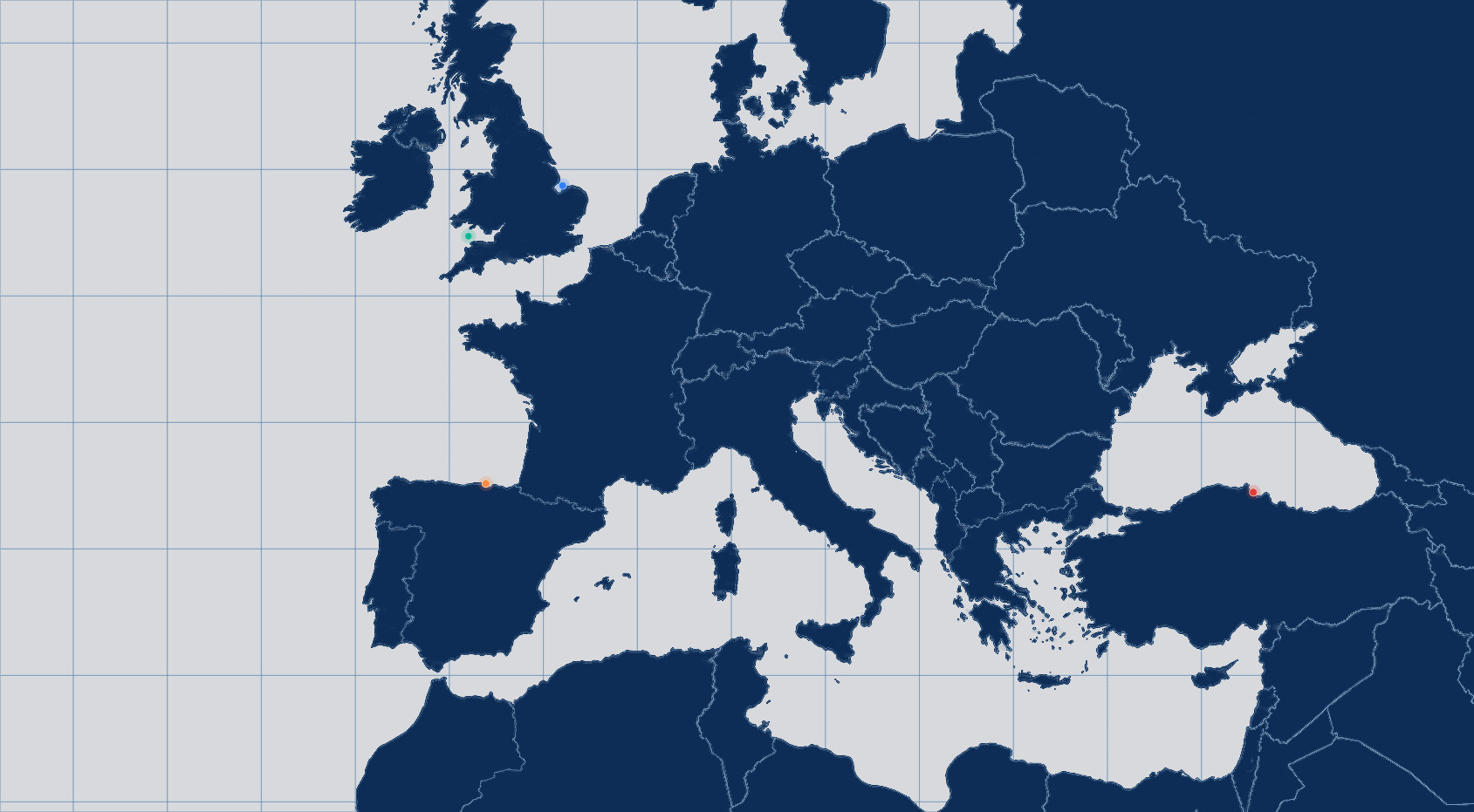 Animated map of the European ranges Meridiam trades: Continent, UK, Irish Sea, Baltic, Scandinavia, Mediterranean and Black Sea